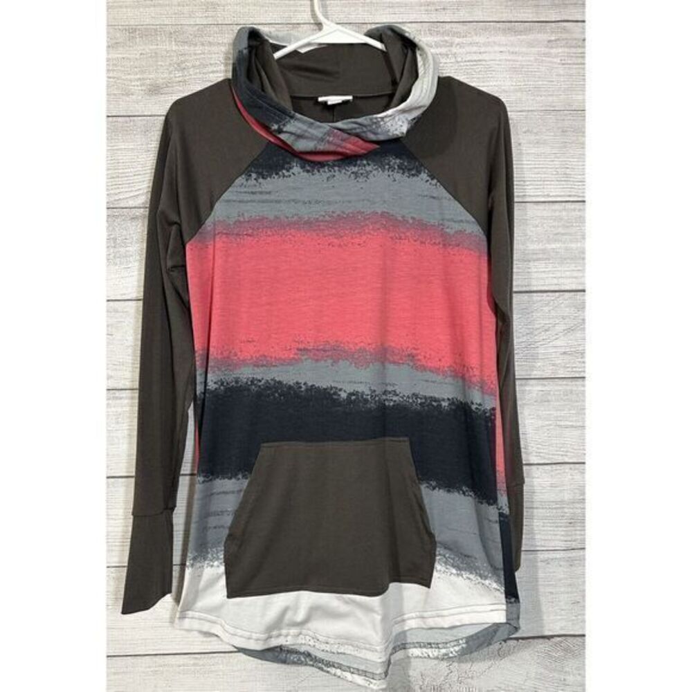 LulaRoe Hoodie Pullover Brown Pink Gray Long Sleeve Kangaroo Pocket Stretch S